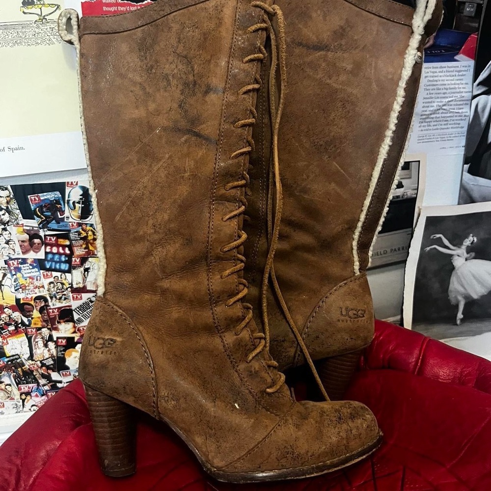 UGG Women's Brown Lace-Up Shearling Trim Heeled Boots